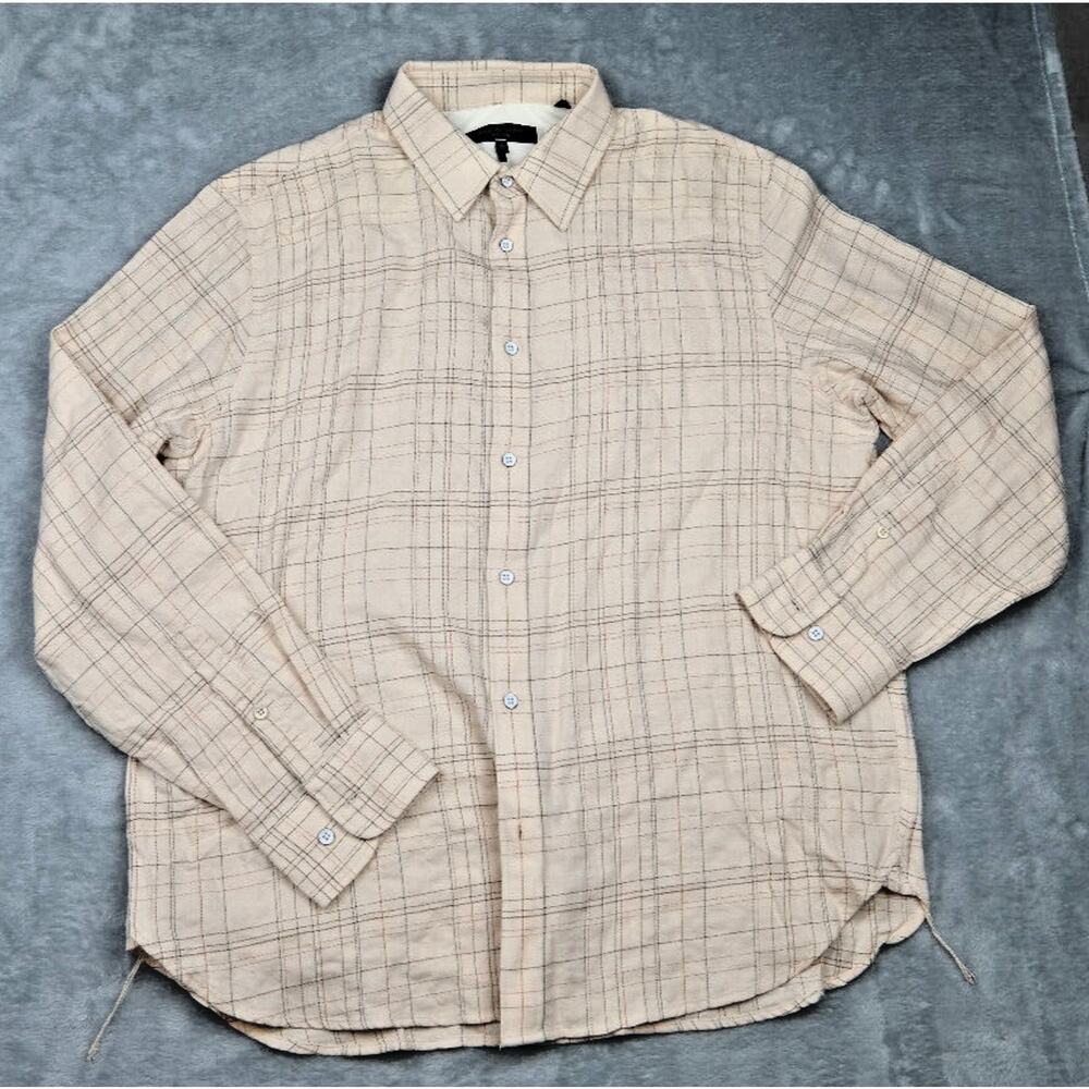 Mens Rag & Bone Gus Cotton Shirt Beige Plaid Stripe Size XL